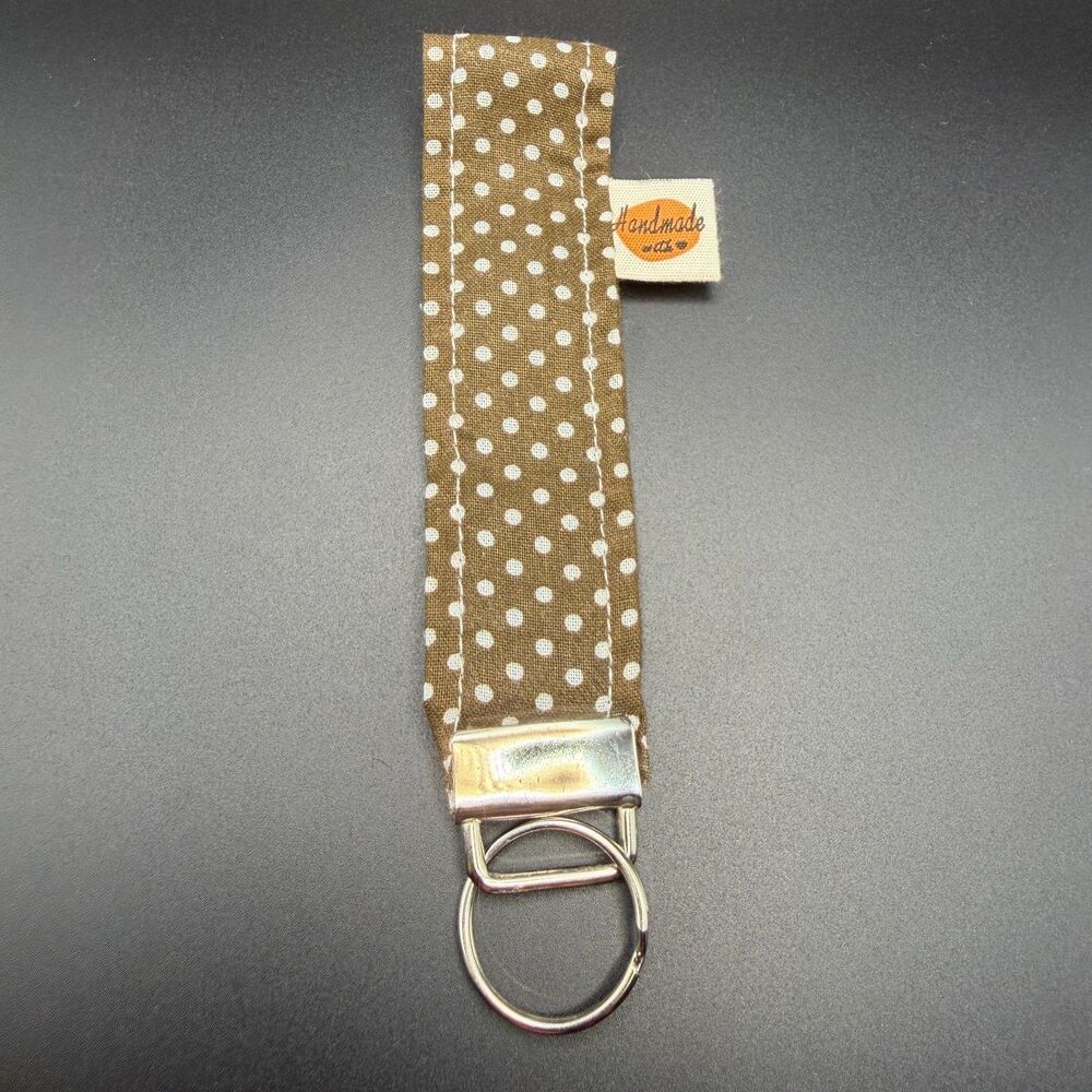 Handmade Brown Polka Dot Fabric Wristlet Keychain Lanyard |Cloth Key Ring Strap
